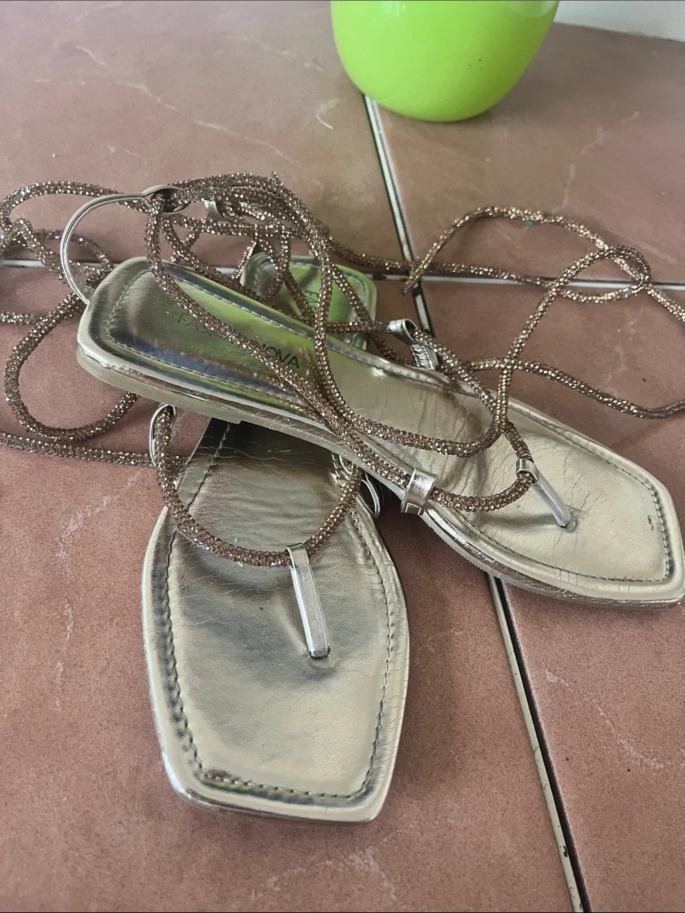 Fashion Nova Metallic Gold Lace-Up Square-Toe Sandals